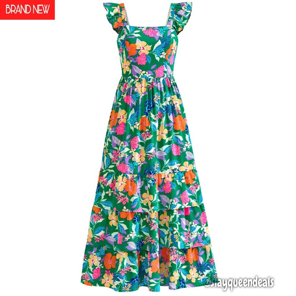 Maxi Dress With Pockets Ruffle Smocked A-Line Boho Floral Summer